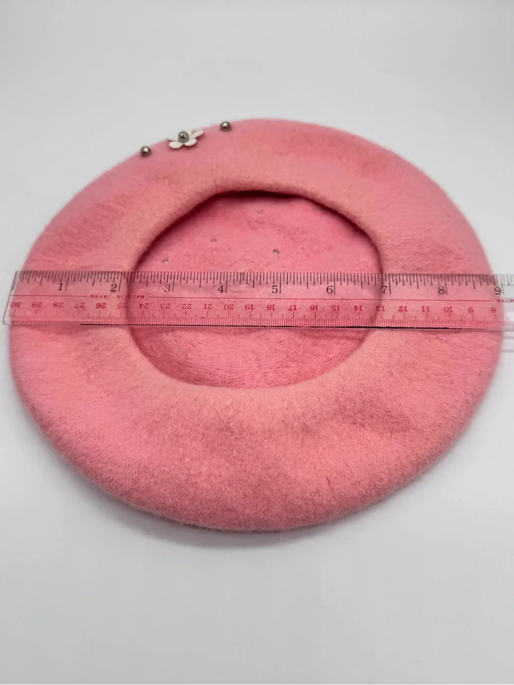 Girls Pink Beret Hat Polyester Wool-Look Floral White Flower Studded